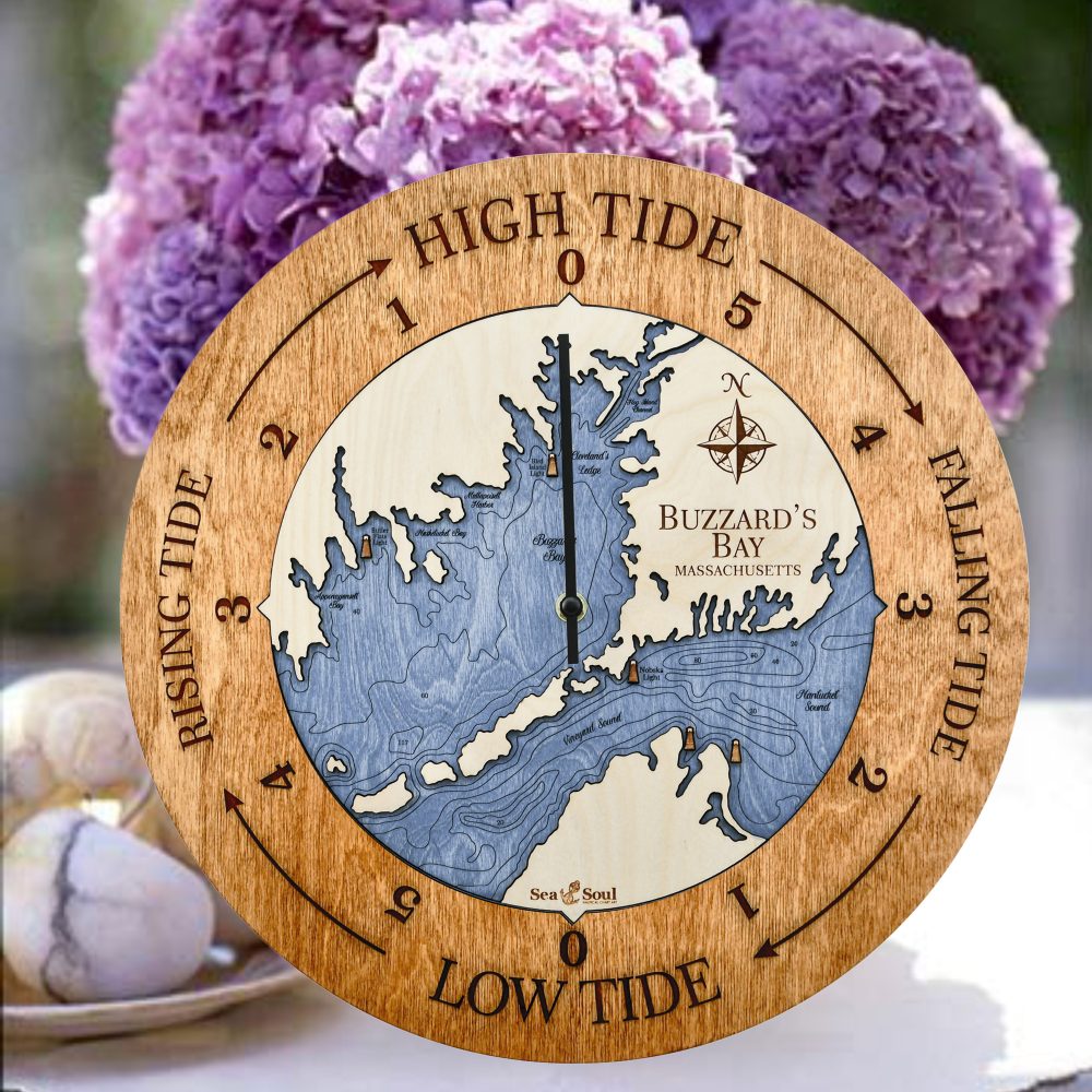 Buzzard Bay Tide Clock Americana Accent with Deep Blue Water on Table with Flowers