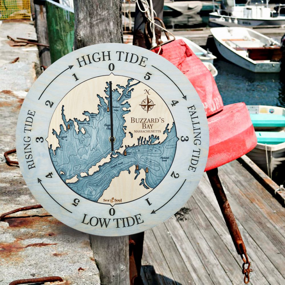 Buzzard Bay Tide Clock Bleach Blue Accent with Blue Green Water Hanging on Dock Post