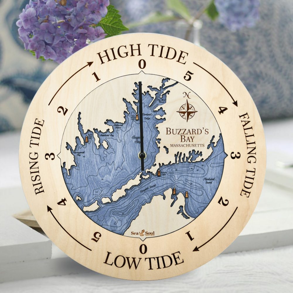 Buzzard Bay Tide Clock Birch Accent with Deep Blue Water on Table with Flowers