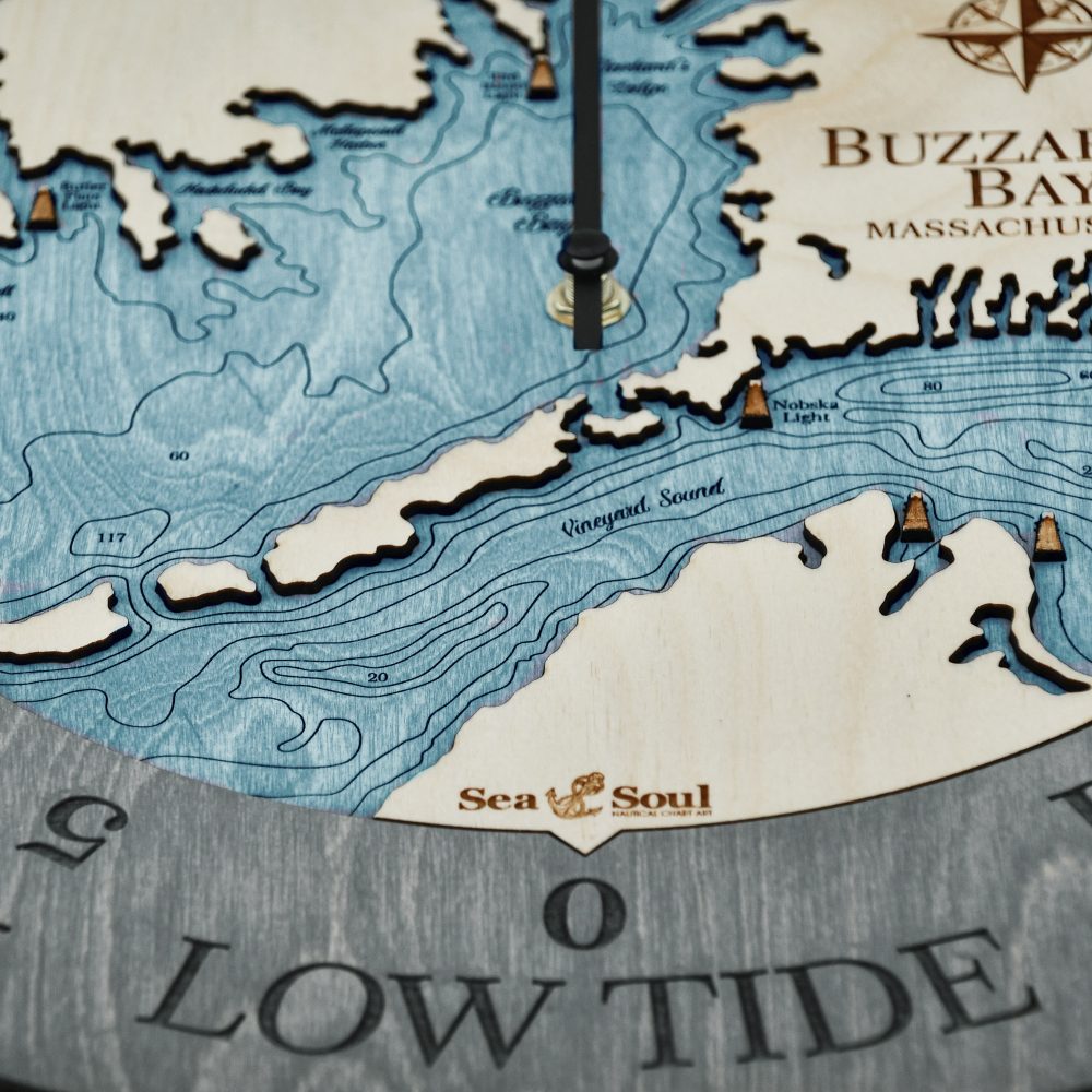 Buzzard Bay Tide Clock Driftwood Accent with Blue Green Water Detail Shot 3