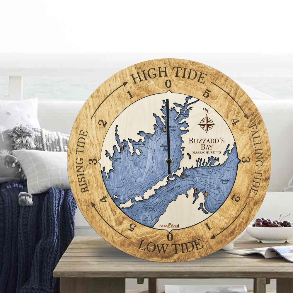 Buzzard Bay Tide Clock Honey Accent with Deep Blue Water on Coffee Table
