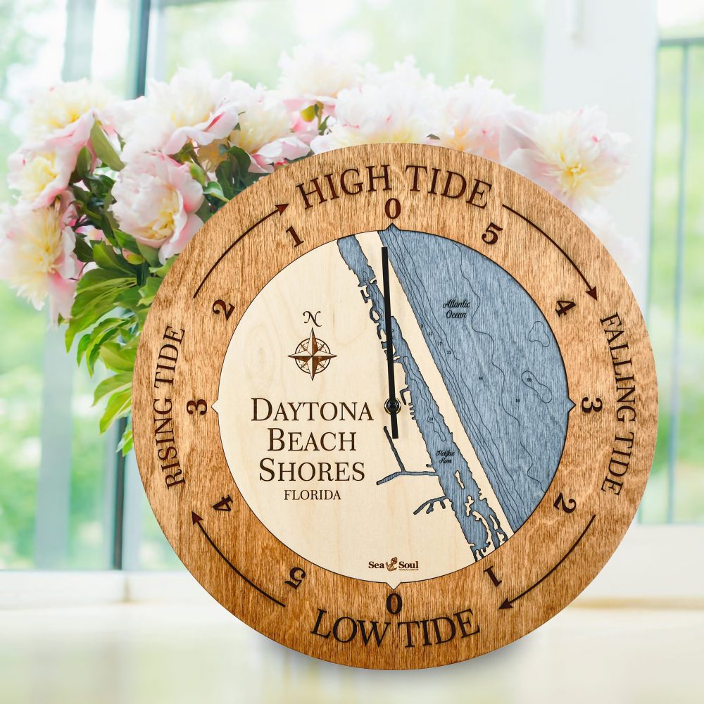 Daytona Beach Tide Clock Americana Accent with Deep Blue Water on Table with Flowers