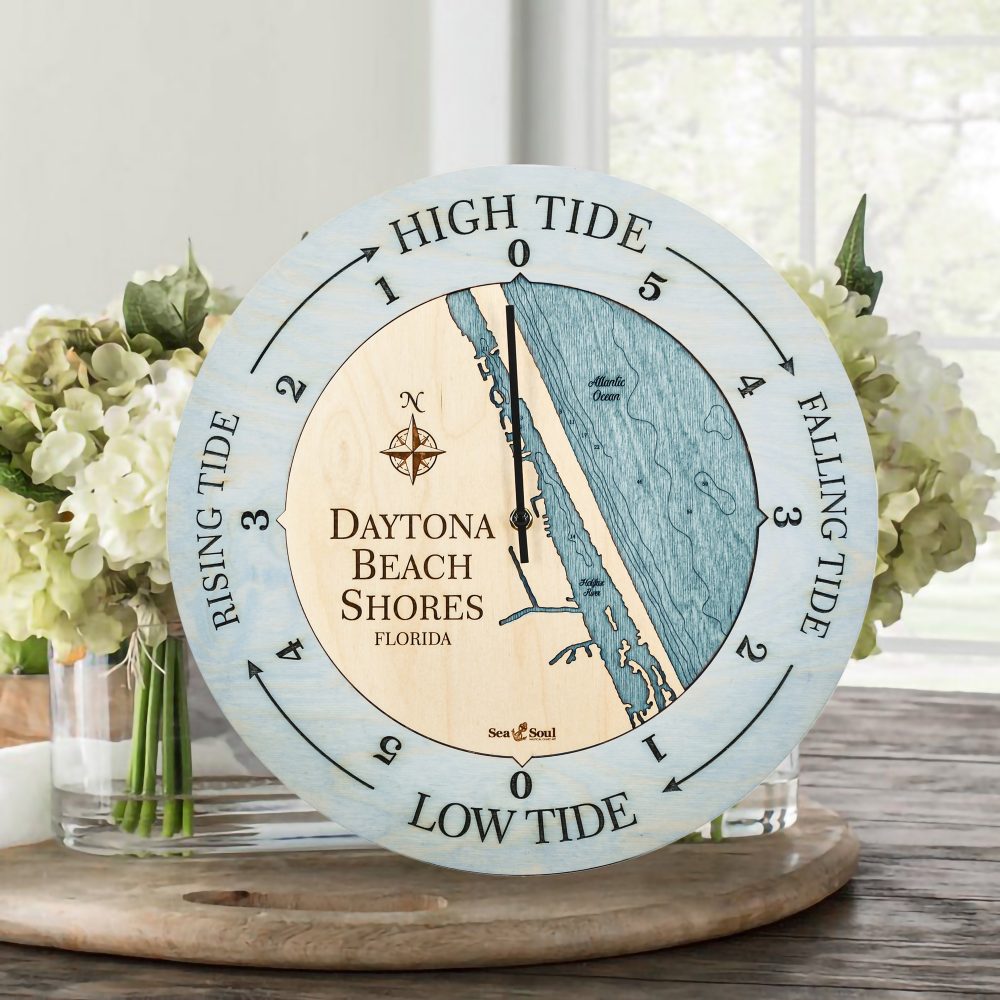 Daytona Beach Tide Clock Bleach Blue Accent with Blue Green Water on Table with Flowers