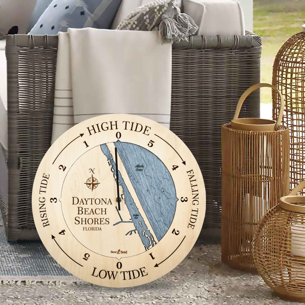 Daytona Beach Tide Clock Birch Accent with Deep Blue Water on Floor by Chair