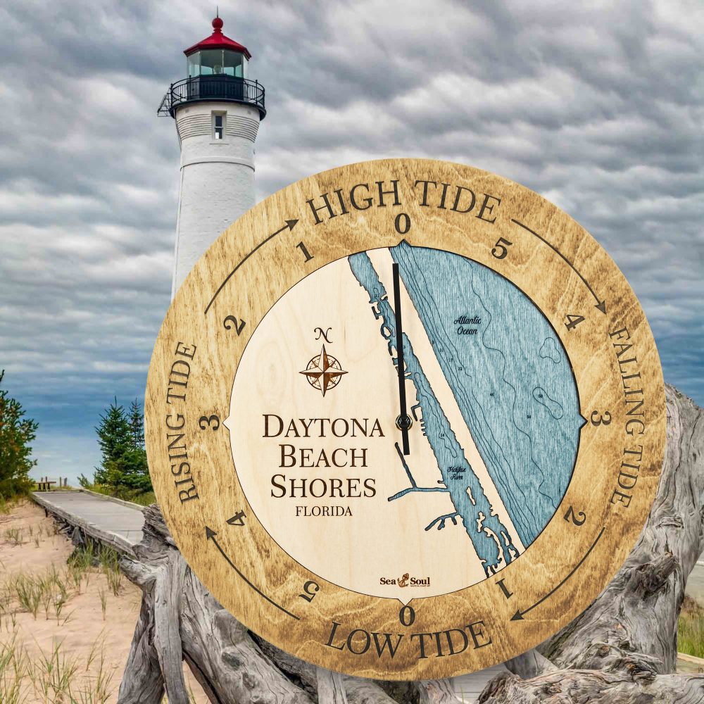 Daytona Beach Tide Clock Honey Accent with Blue Green Water by Lighthouse
