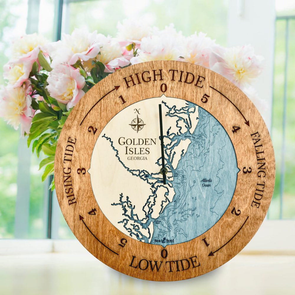Golden Isles Tide Clock Americana Accent with Blue Green Water on Windowsill with Flowers