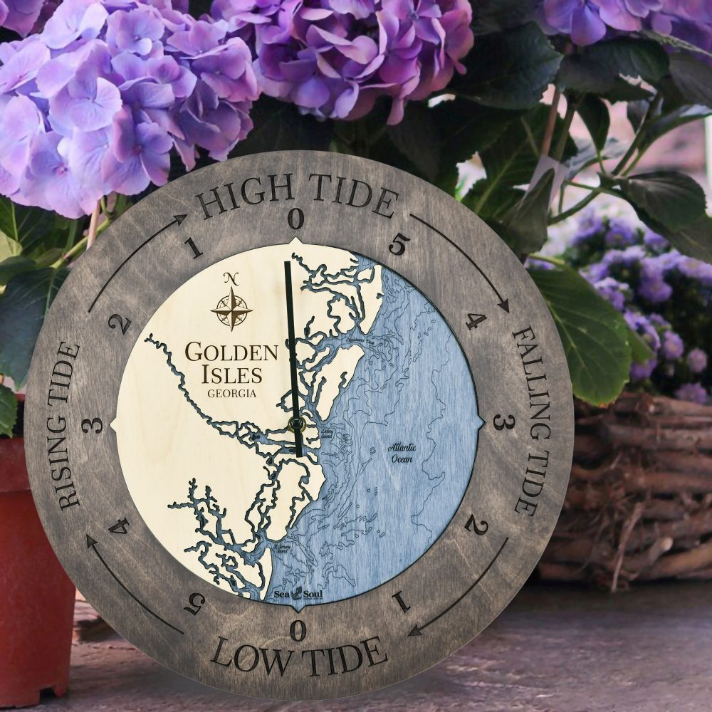 Golden Isles Tide Clock Driftwood Accent with Deep Blue Water on Floor Outdoors