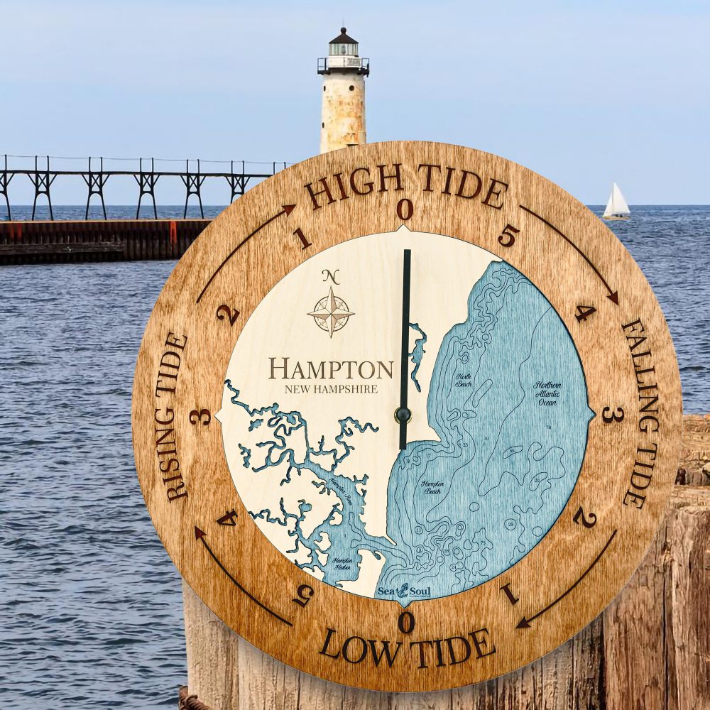 Hampton New Hampshire Tide Clock Americana Accent with Blue Green Water on Dock by Lighthouse