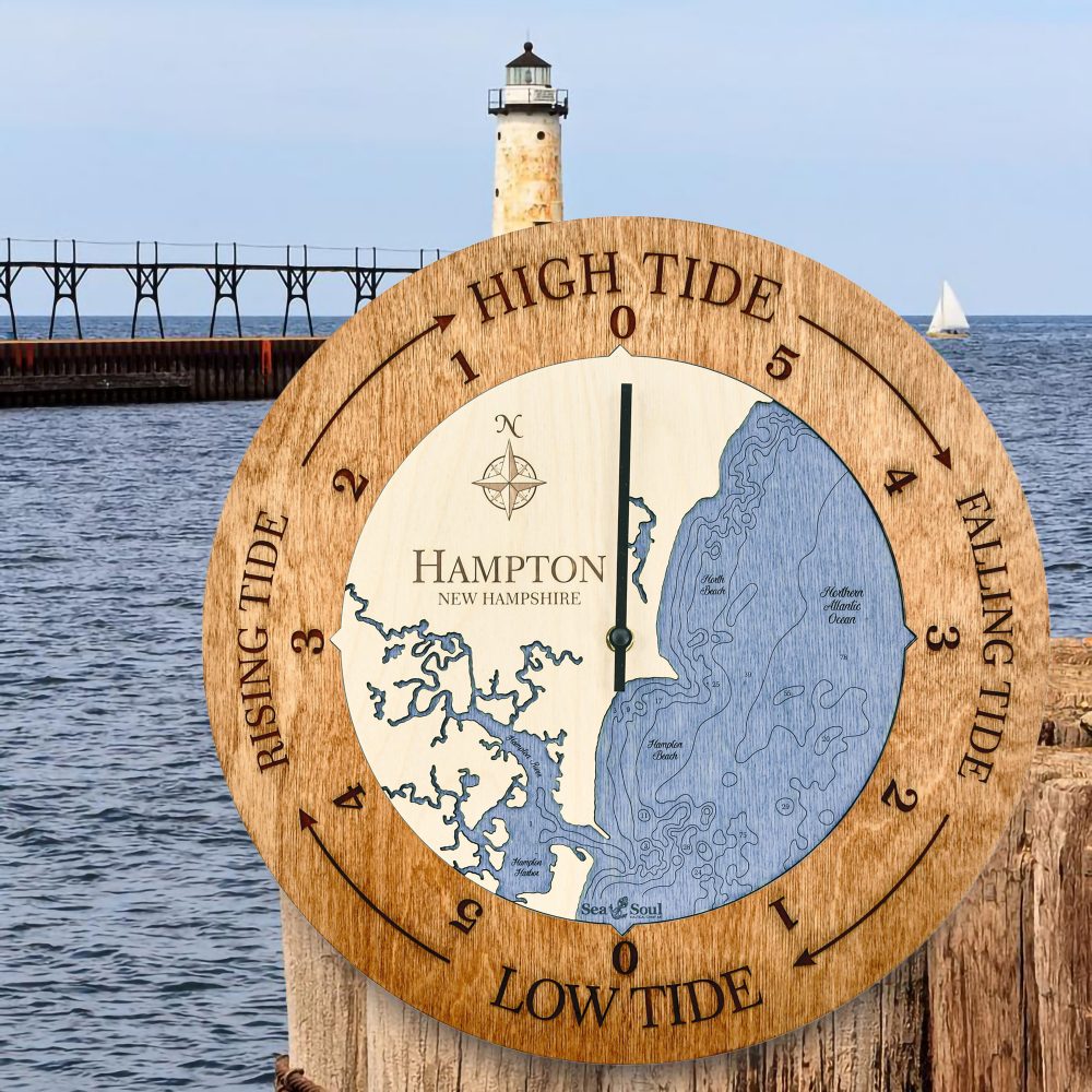 Hampton New Hampshire Tide Clock Americana Accent with Deep Blue Water on Dock by Lighthouse
