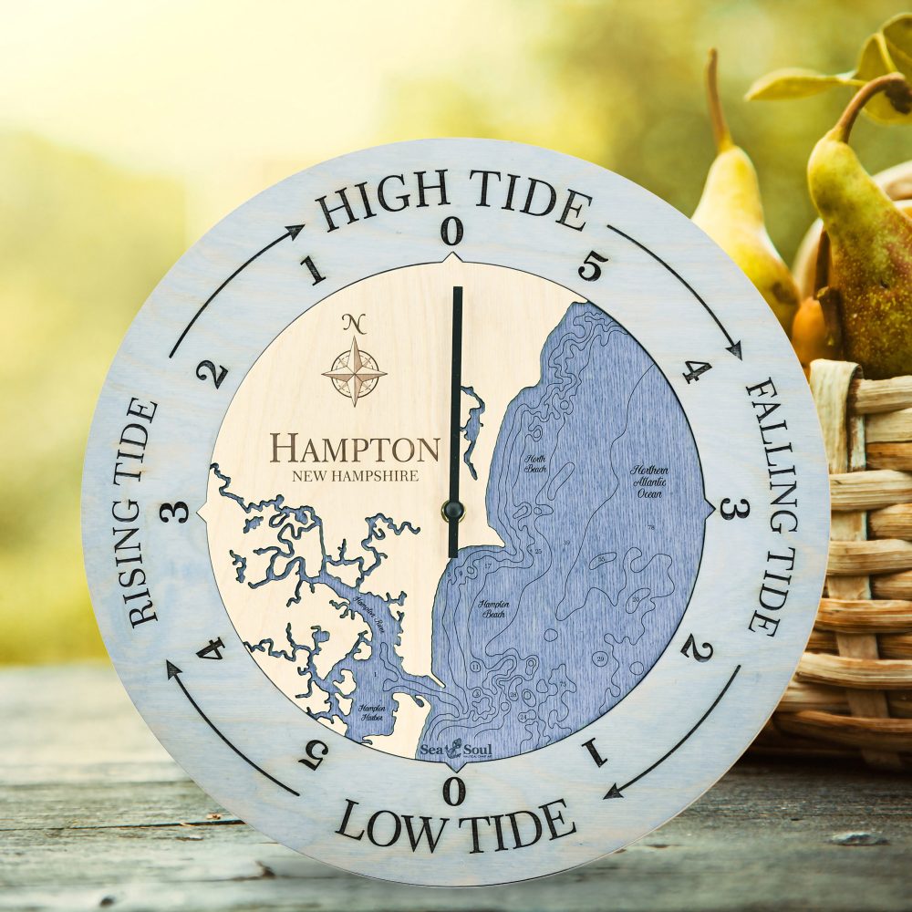 Hampton New Hampshire Tide Clock Bleach Blue Accent with Deep Blue Water on Table with Basket of Pears
