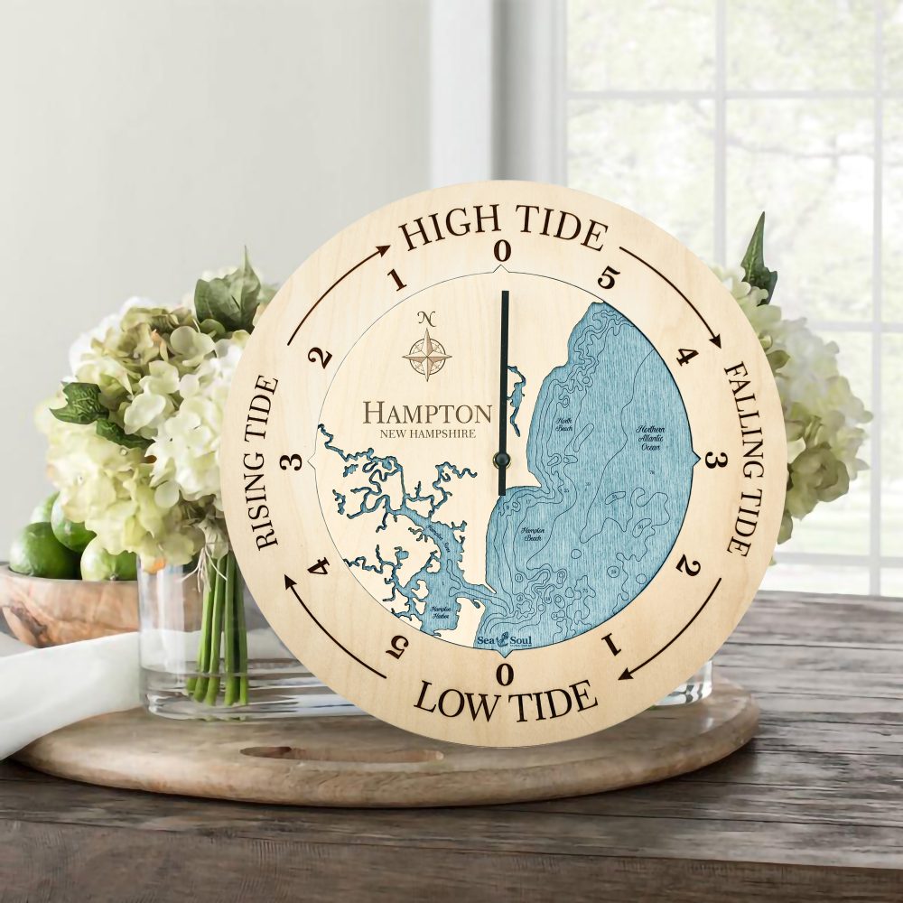 Hampton New Hampshire Tide Clock Birch Accent with Blue Green Water on Table with Flowers