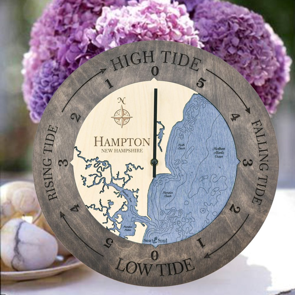 Hampton New Hampshire Tide Clock Driftwood Accent with Deep Blue Water on Table with Flowers