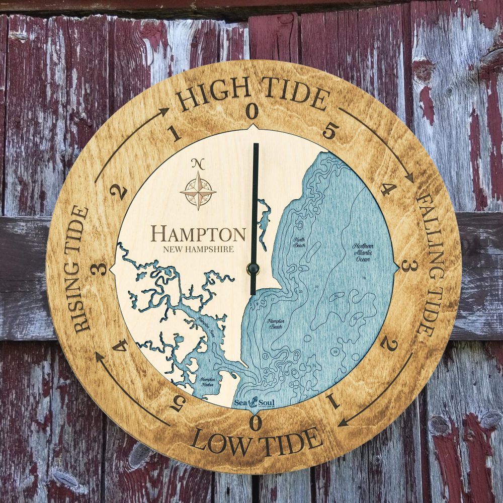 Hampton New Hampshire Tide Clock Honey Accent with Blue Green Water Hanging on Fence