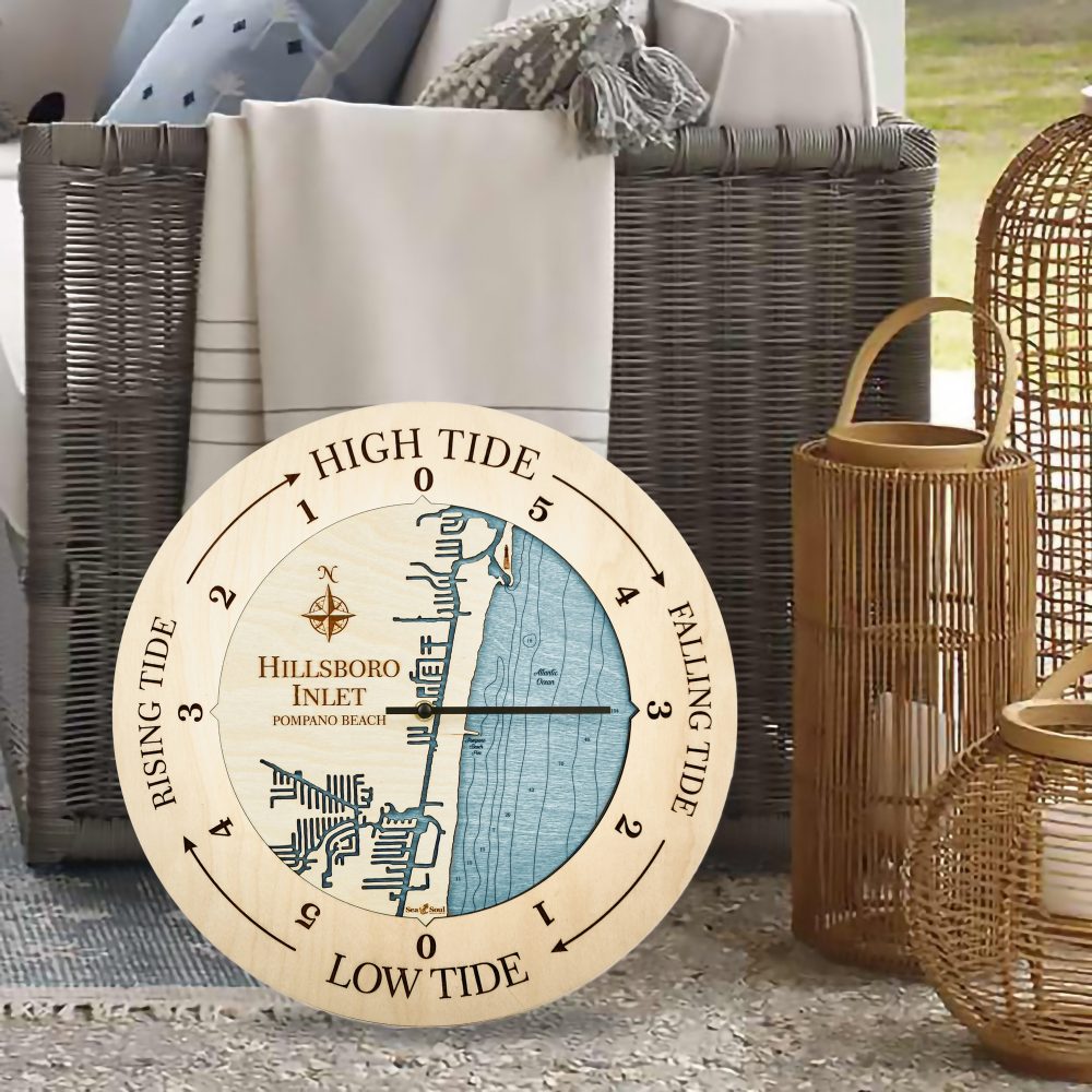 Hillsboro Inlet Tide Clock Birch Accent with Blue Green Water Sitting by Wicker Couch