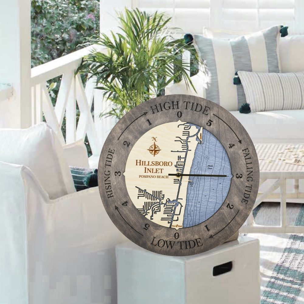 Hillsboro Inlet Tide Clock Driftwood Accent with Deep Blue Water Sitting on End Table