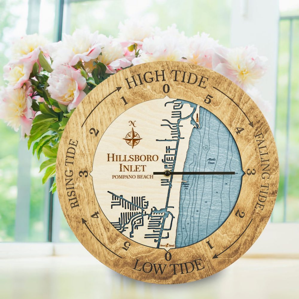 Hillsboro Inlet Tide Clock Honey Accent with Blue Green Water on Table with Flowers