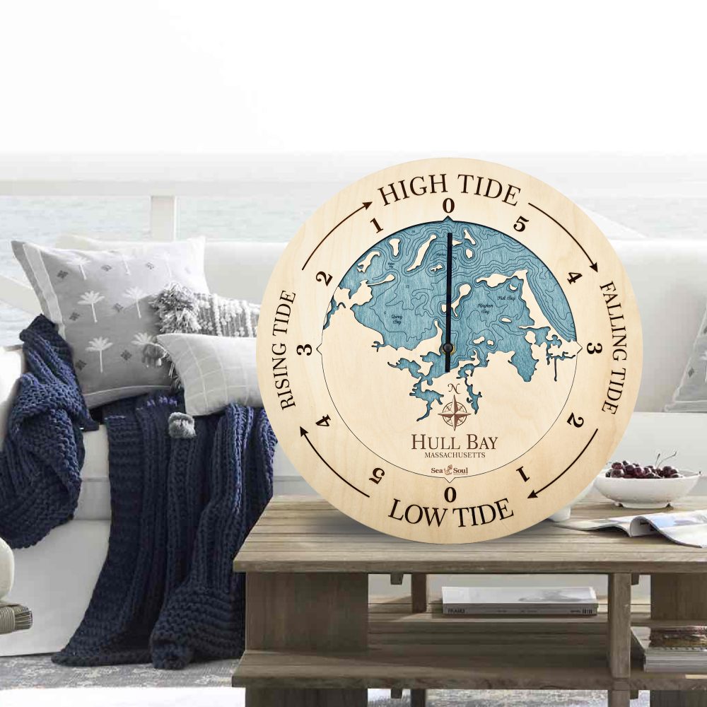 Hull Bay Tide Clock Birch Accent with Blue Green Water on Coffee Table