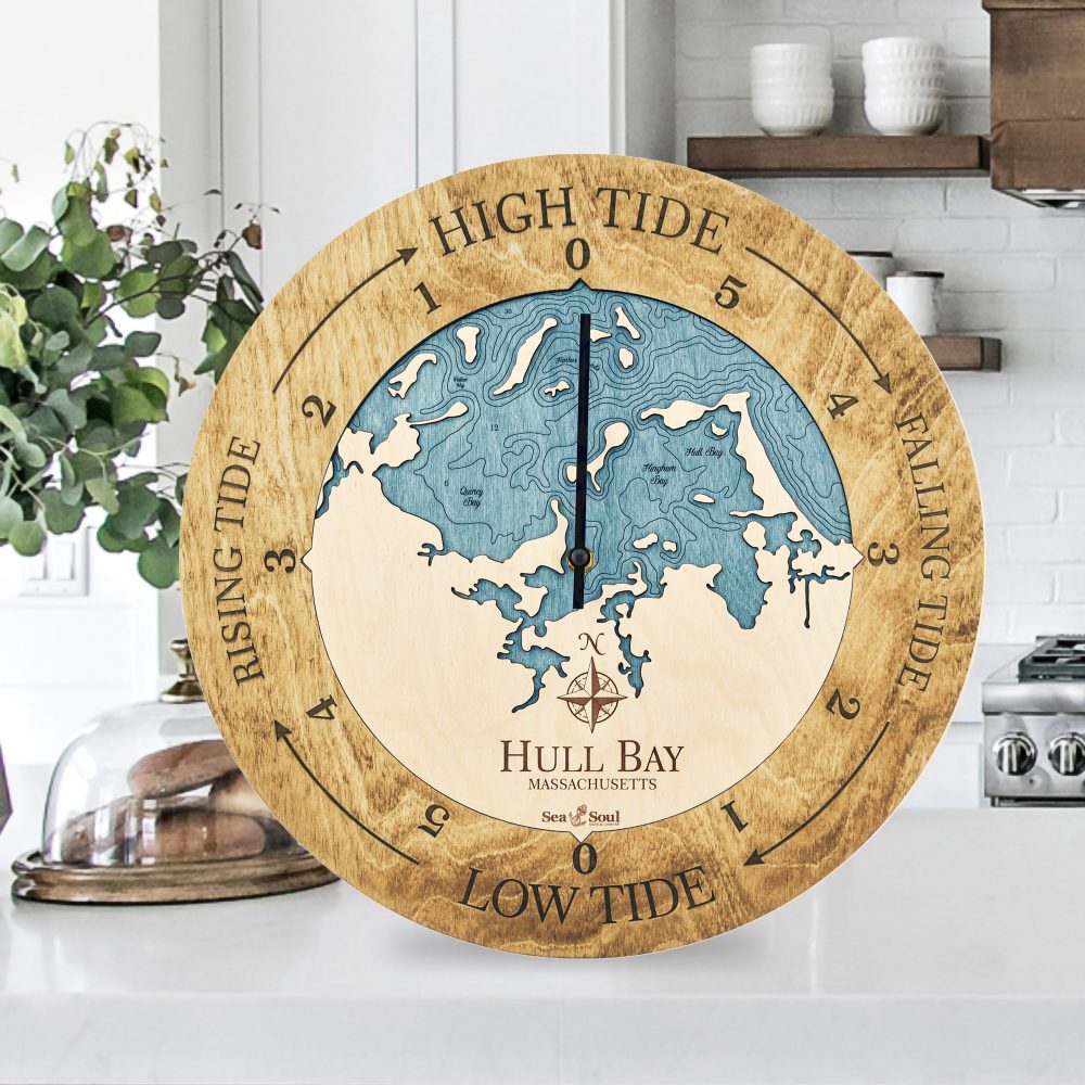 Hull Bay Tide Clock Honey Accent with Blue Green Water on Countertop