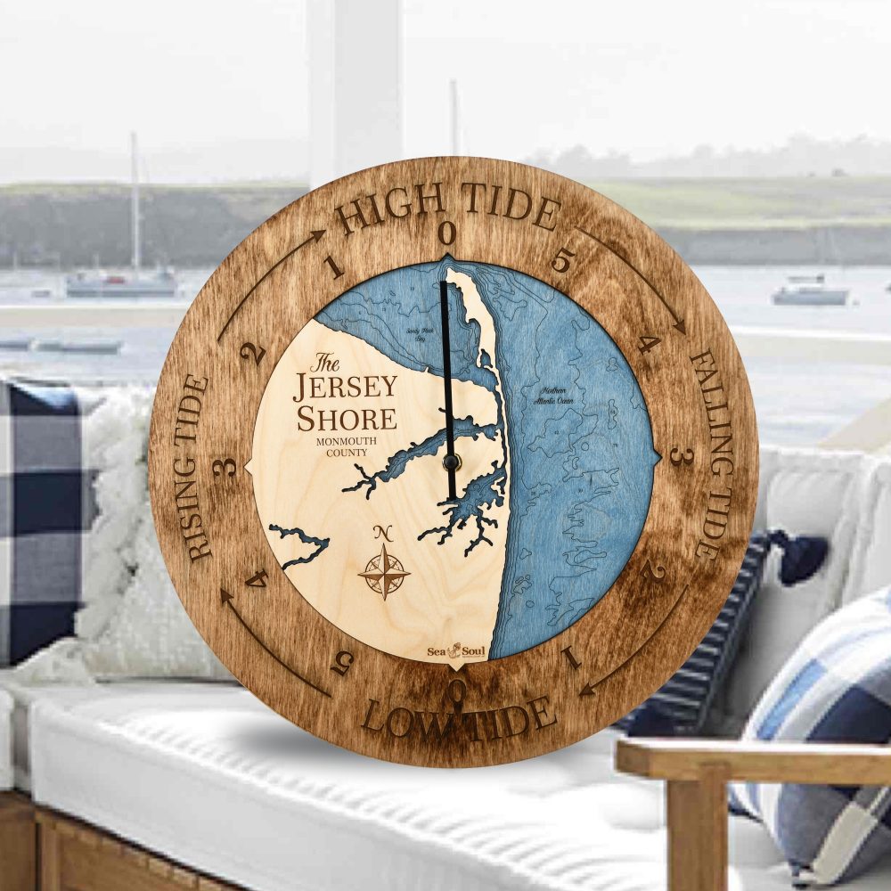 Jersey Shore Tide Clock Americana Accent with Deep Blue Water Sitting on Couch by Waterfront