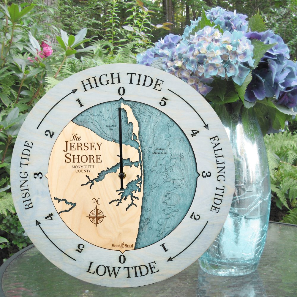 Jersey Shore Tide Clock Bleach Blue Accent with Blue Green Water Sitting on Outdoor Table