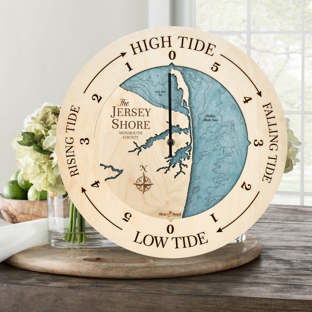 Jersey Shore Tide Clock Birch Accent with Blue Green Water Sitting on Table with Flowers