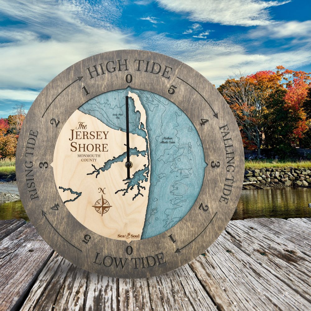 Jersey Shore Tide Clock Driftwood Accent with Blue Green Water Sitting on Dock