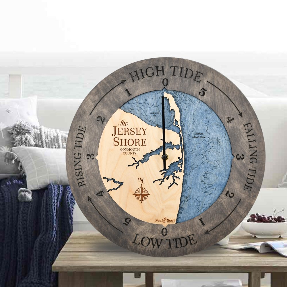 Jersey Shore Tide Clock Driftwood Accent with Deep Blue Water on Coffee Table