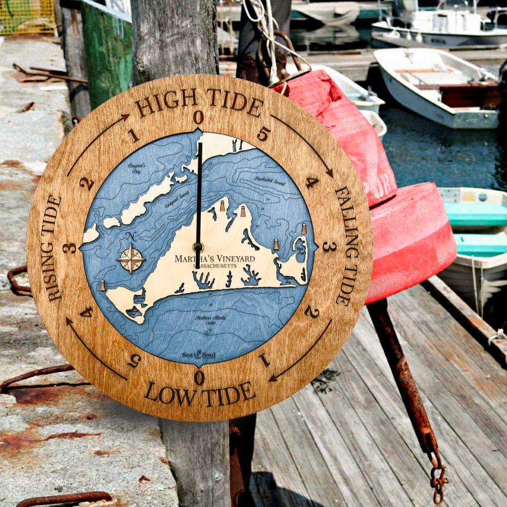 Martha's Vineyard Tide Clock Americana Accent with Deep Blue Water Hanging on Dock Post
