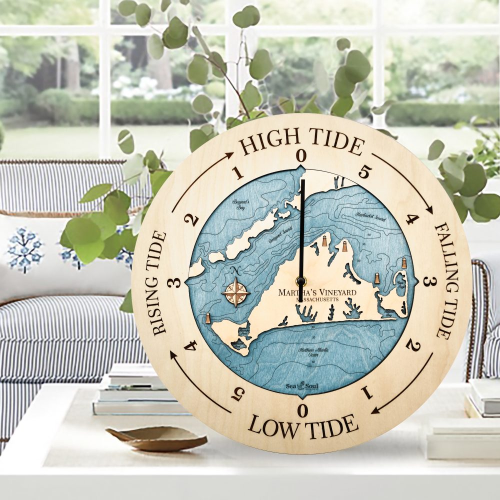 Martha's Vineyard Tide Clock Birch Accent with Blue Green Water on Coffee Table with Potted Plant