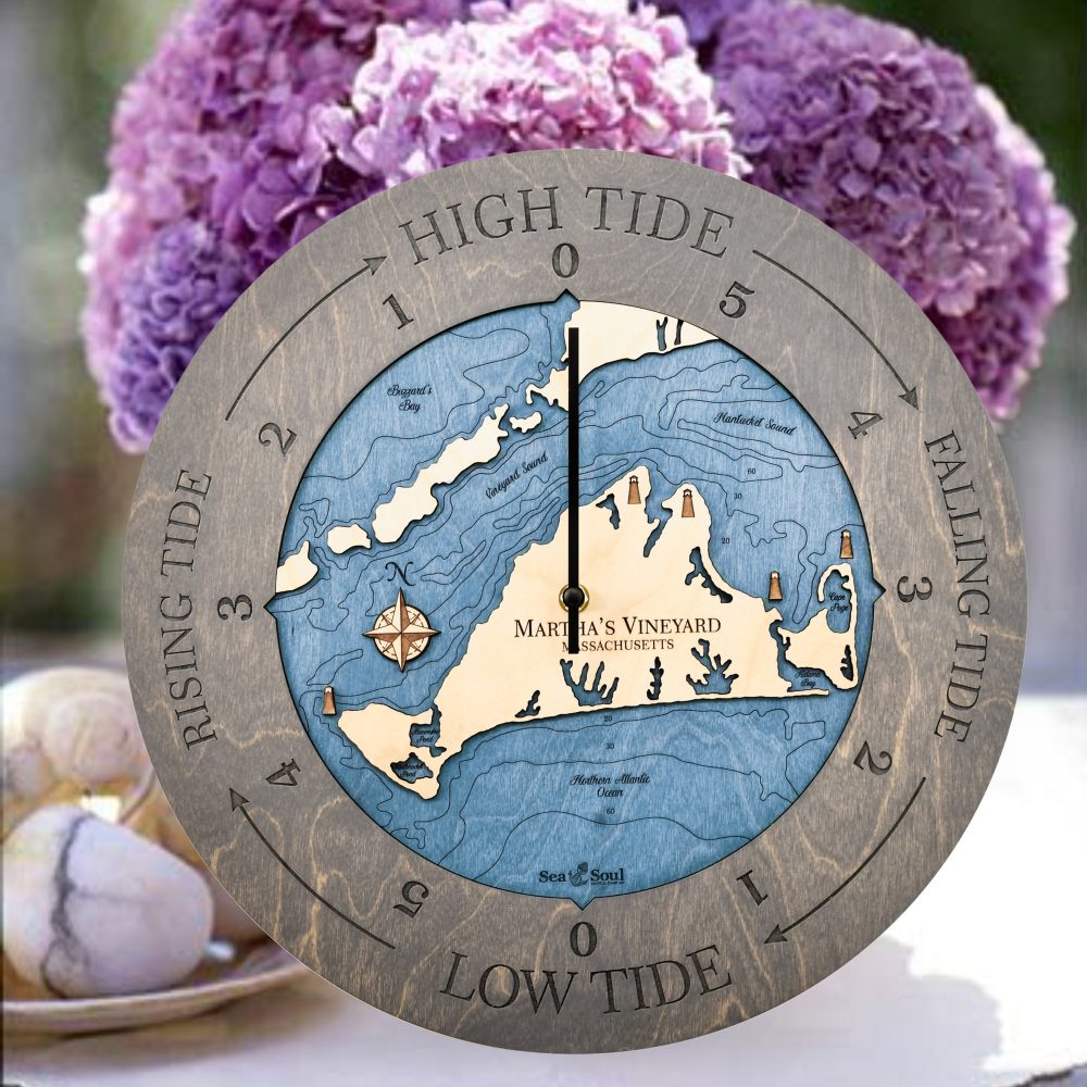 Martha's Vineyard Tide Clock Driftwood Accent with Deep Blue Water on Table with Flowers