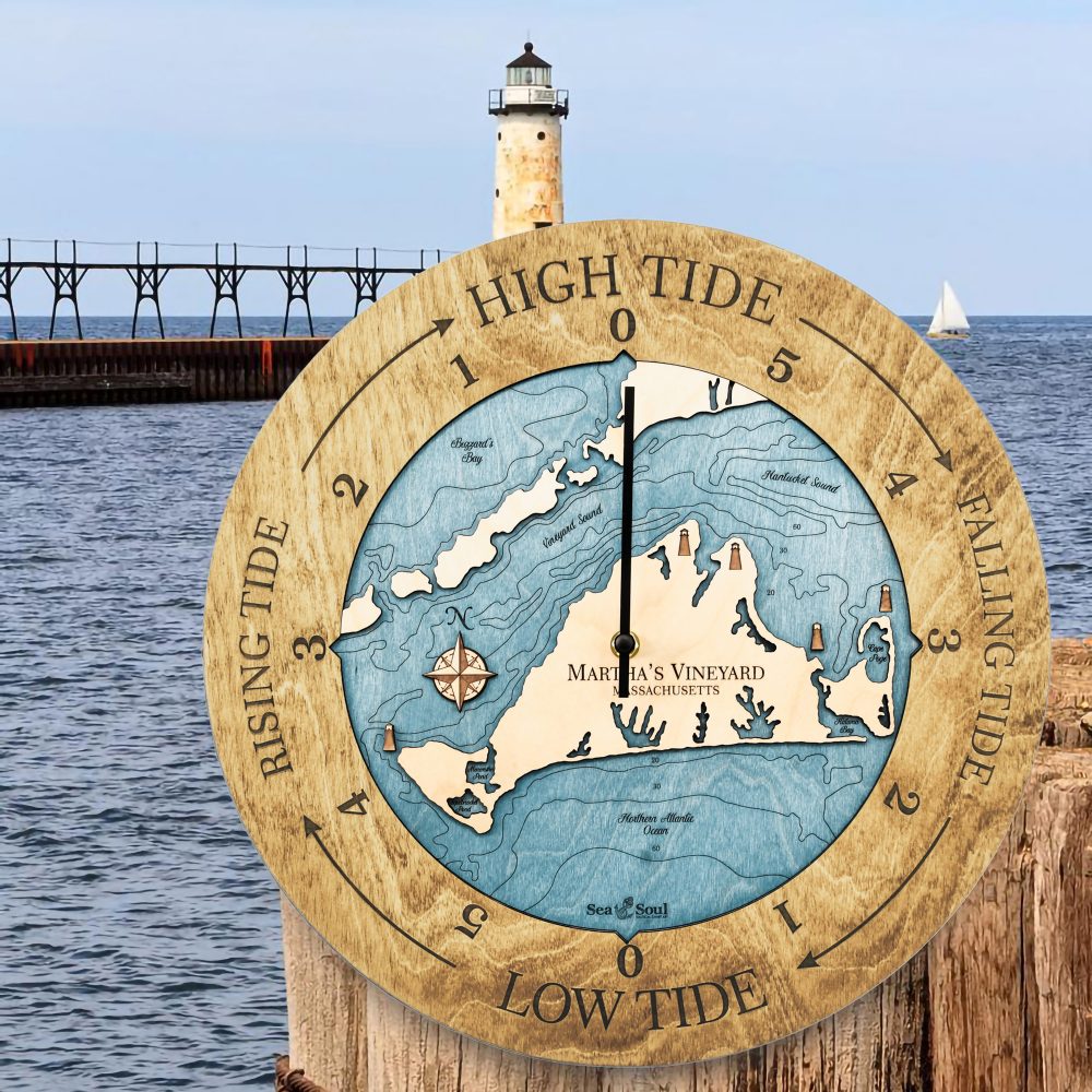 Martha's Vineyard Tide Clock Honey Accent with Blue Green Water Sitting on Post by Waterfront and Lighthouse