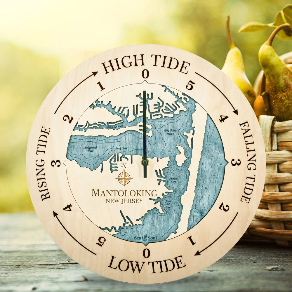 Mantoloking Tide Clock Birch Accent with Blue Green Water Sitting on Table with Basket of Pears