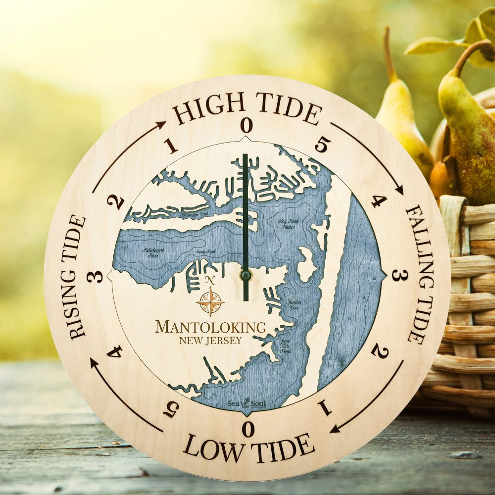 Mantoloking Tide Clock Birch Accent with Deep Blue Water Sitting on Table with Basket of Pears