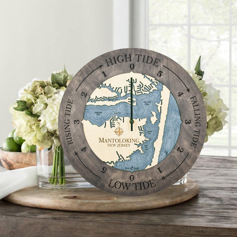 Mantoloking Tide Clock Driftwood Accent with Deep Blue Water Sitting on Table with Flowers