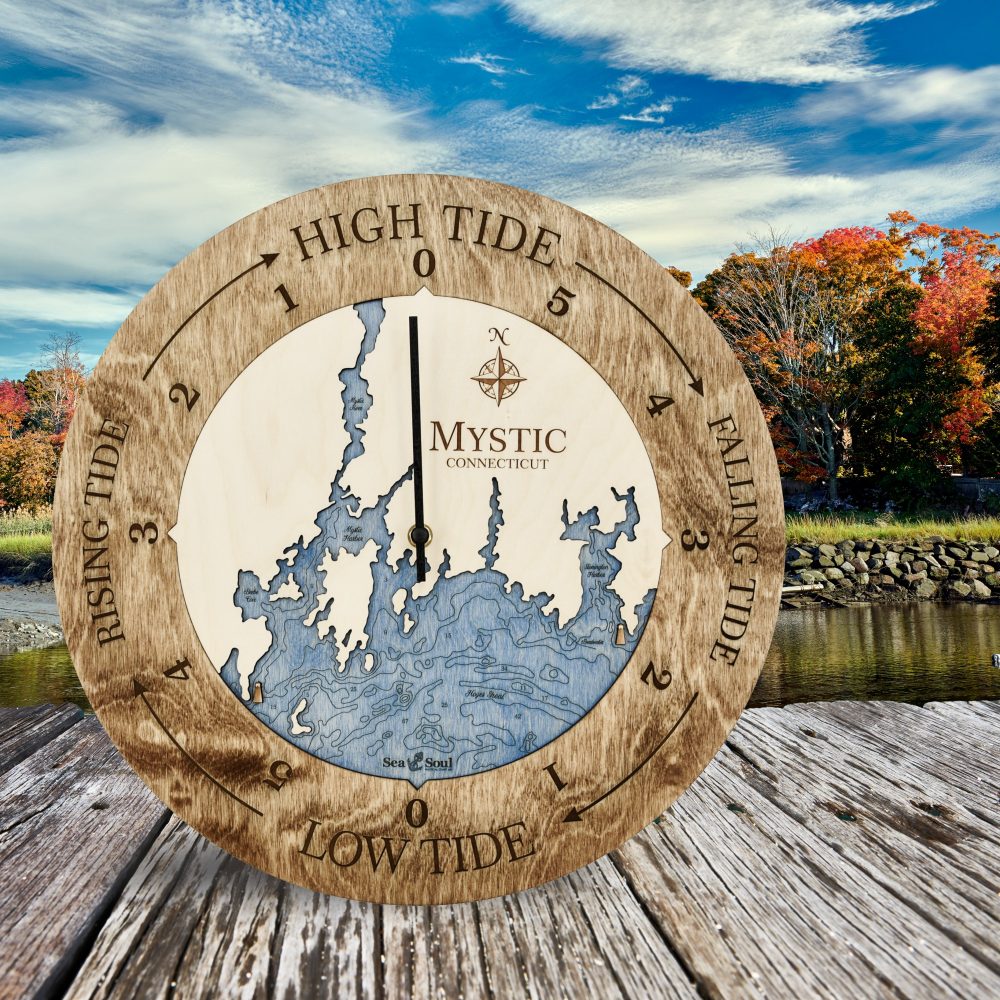 Mystic Connecticut Tide Clock Americana Accent with Deep Blue Water on Dock