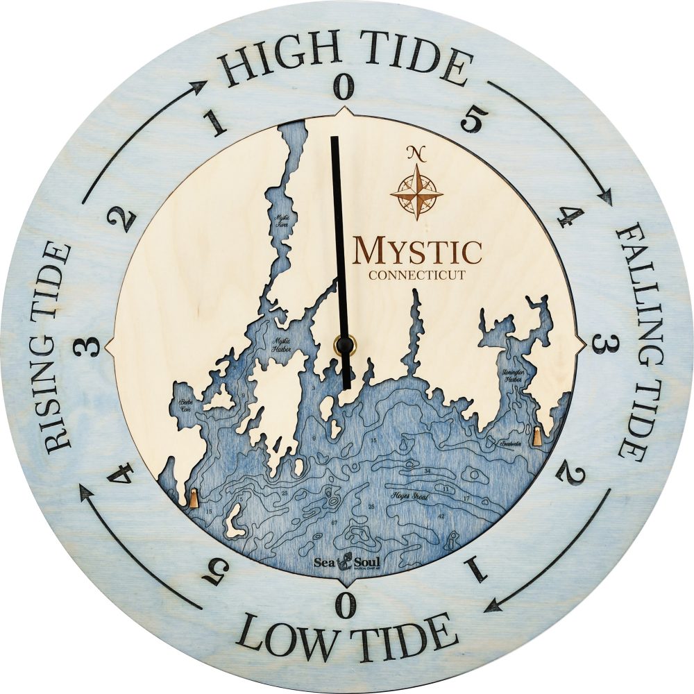 Mystic Connecticut Tide Clock Bleach Blue Accent with Deep Blue Water