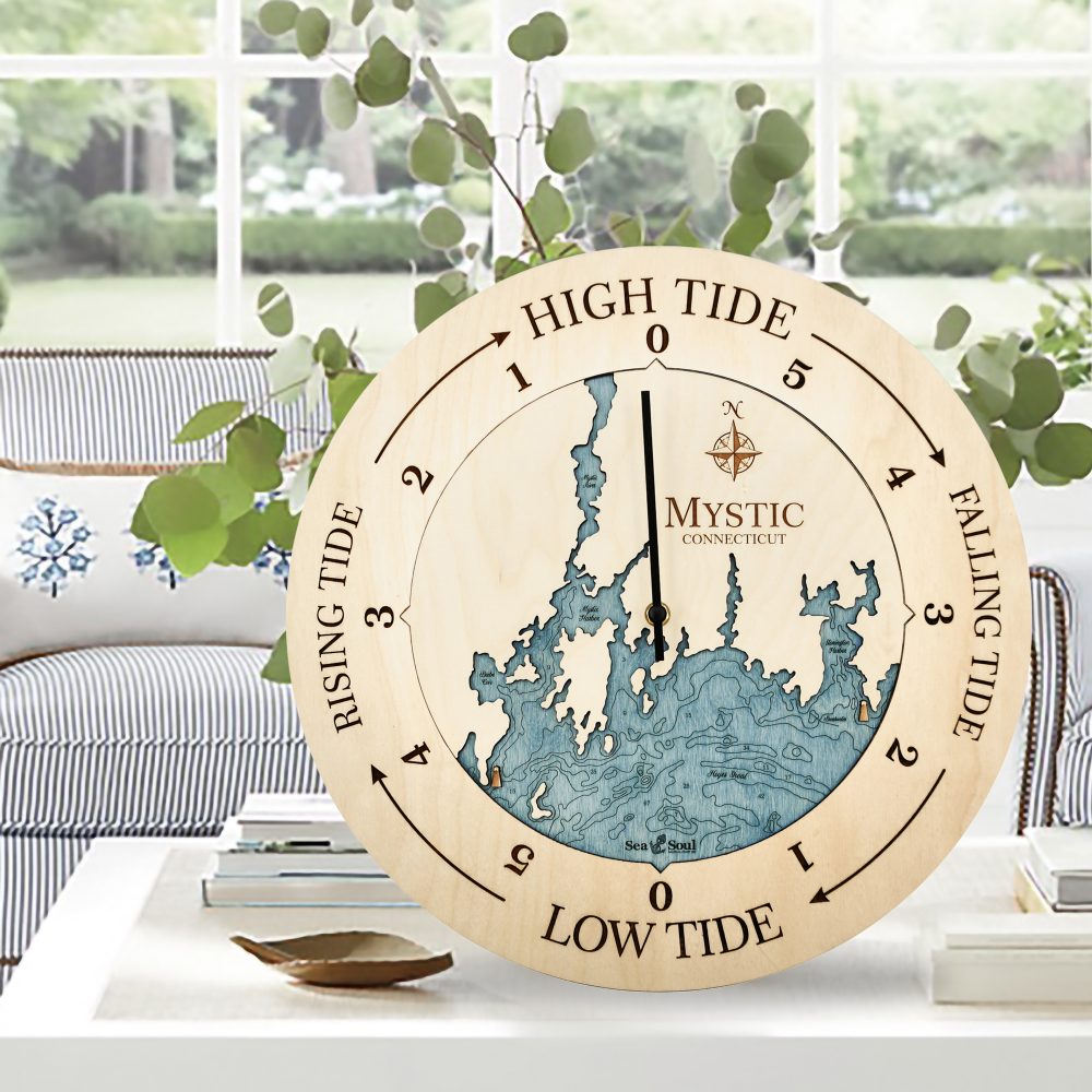 Mystic Connecticut Tide Clock Birch Accent with Blue Green Water on Coffee Table with Potted Plant