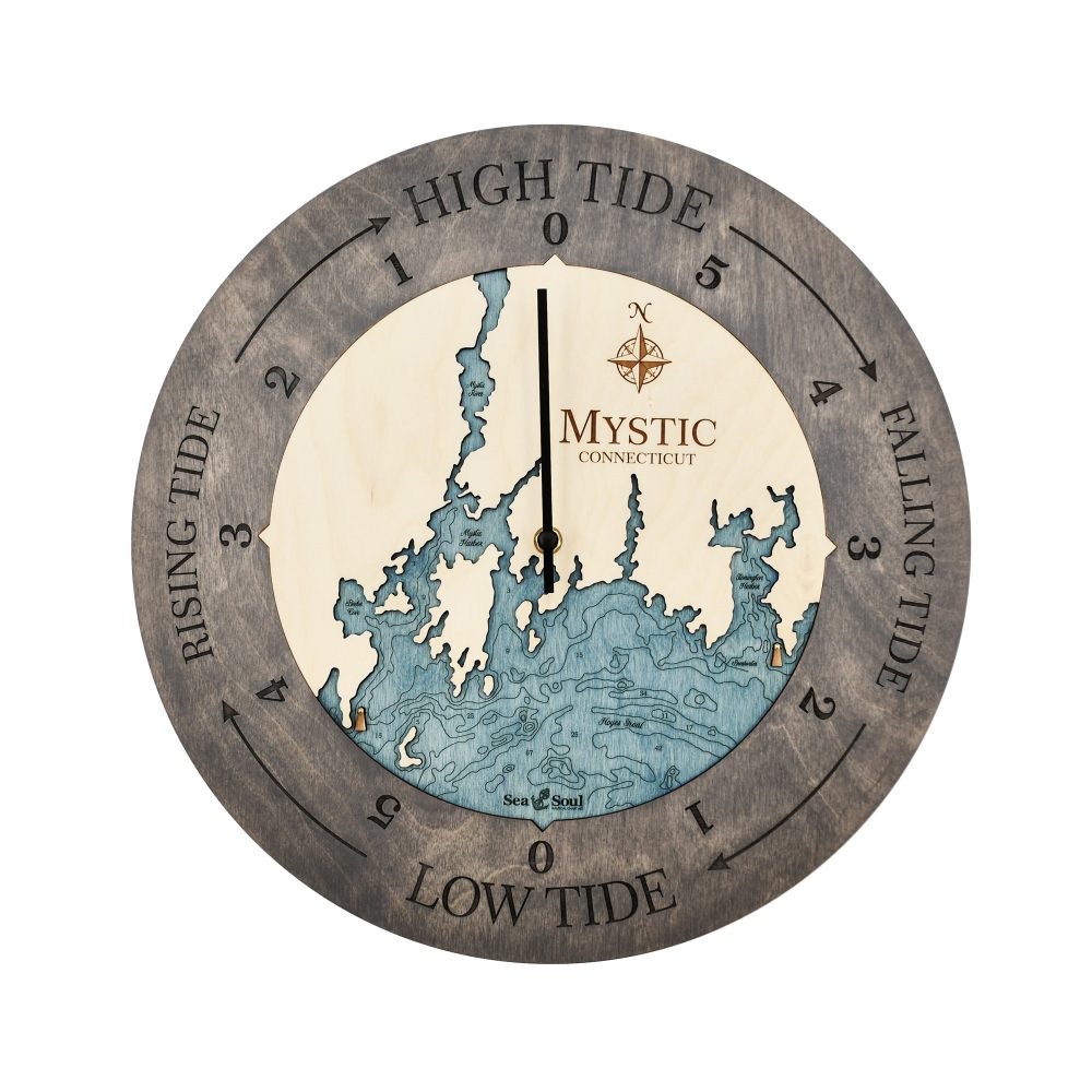 Mystic Connecticut Tide Clock Driftwood Accent with Blue Green Water