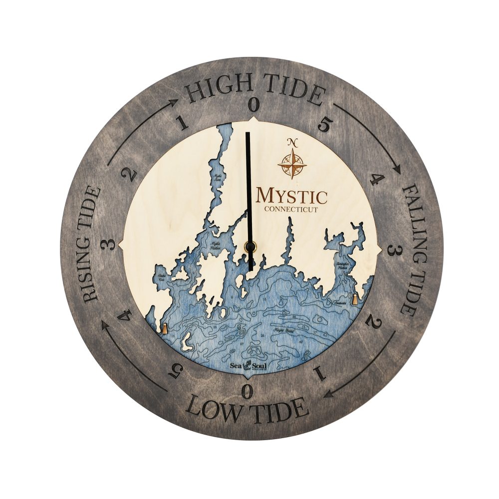 Mystic Connecticut Tide Clock Driftwood Accent with Deep Blue Water