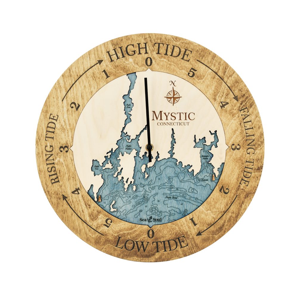 Mystic Connecticut Tide Clock Honey Accent with Blue Green Water