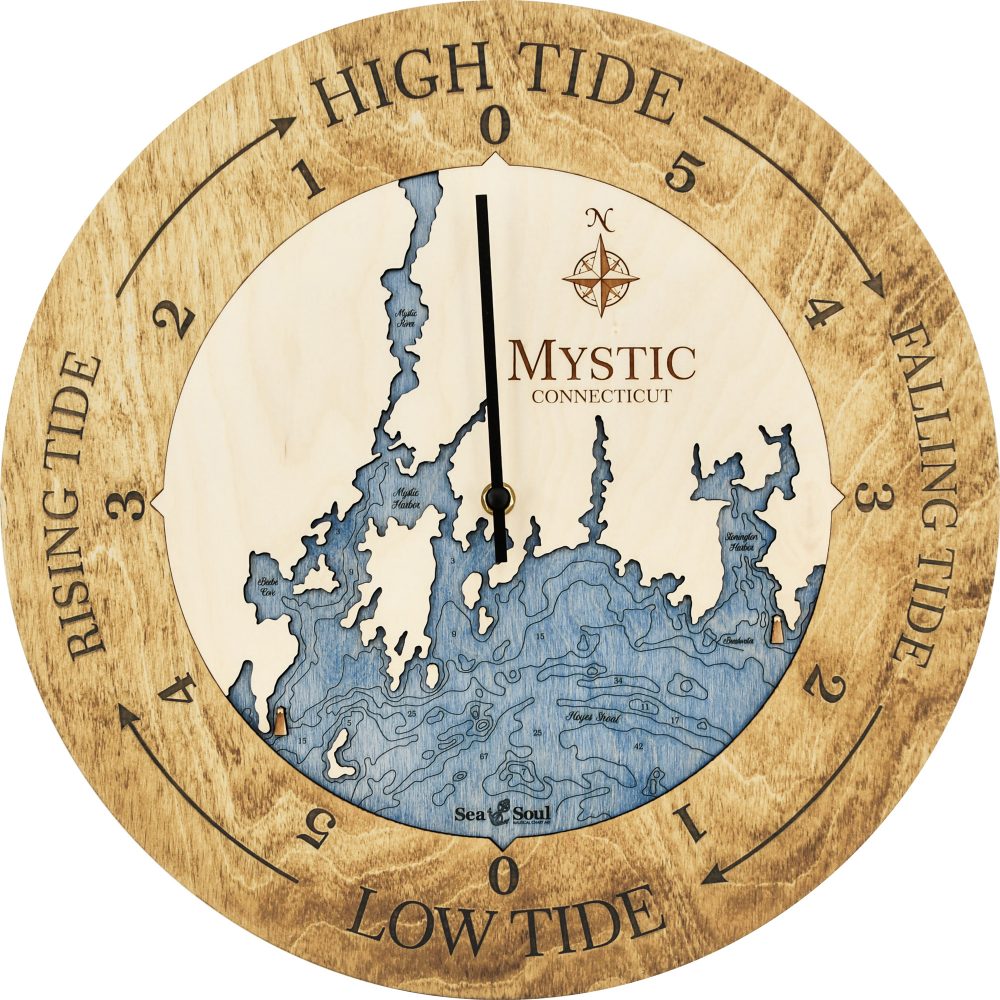 Mystic Connecticut Tide Clock Honey Accent with Deep Blue Water Product Shot