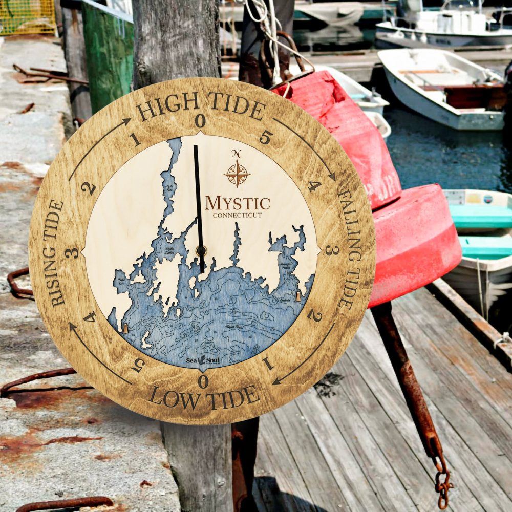 Mystic Connecticut Tide Clock Honey Accent with Deep Blue Water Hanging on Dock Post