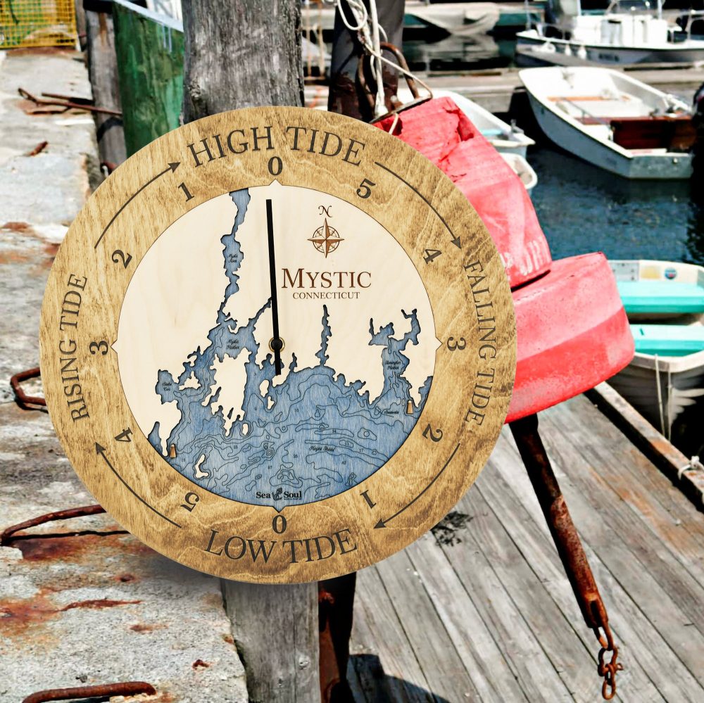 Mystic Connecticut Tide Clock Honey Accent with Deep Blue Water Hanging on Dock Post