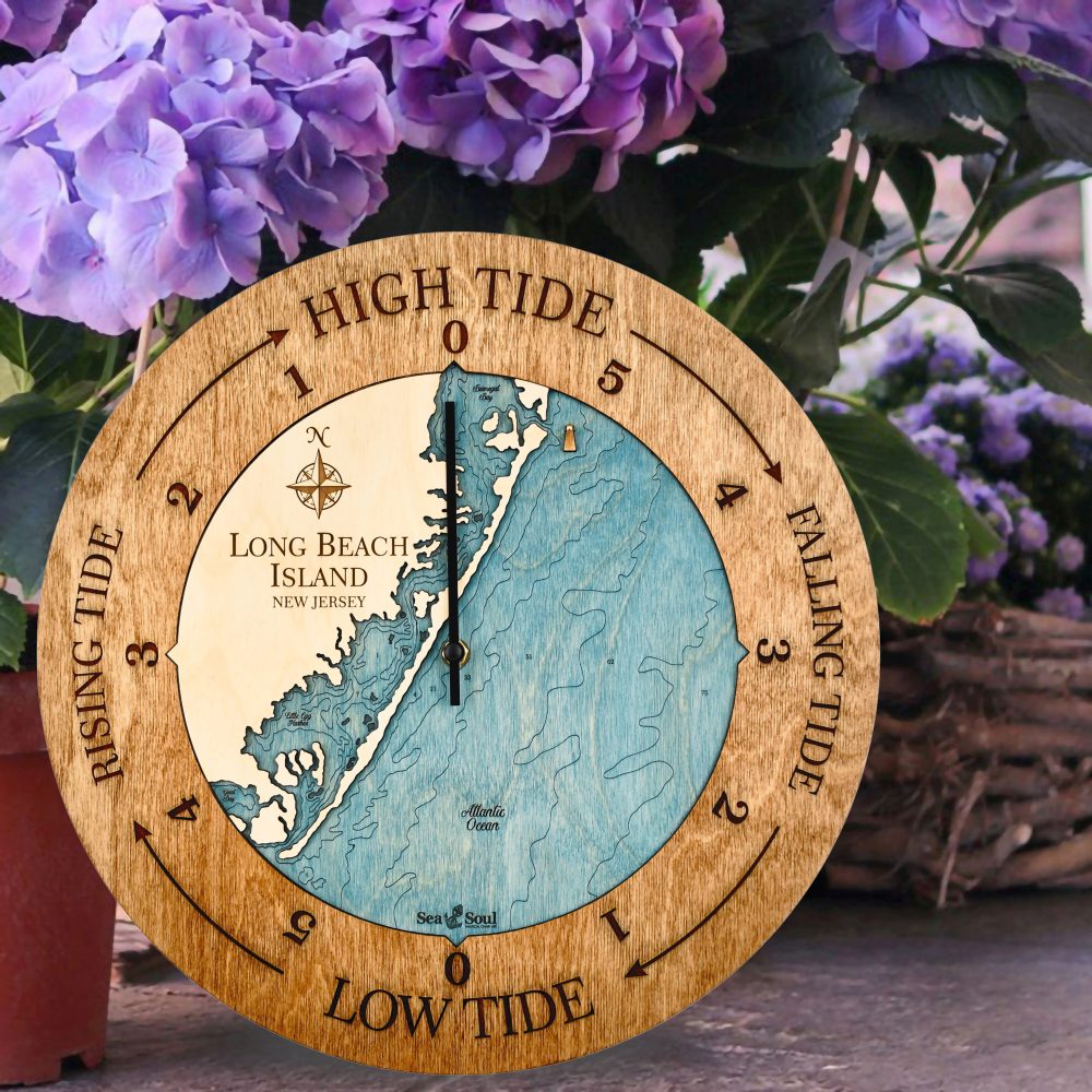 Long Beach Island Tide Clock Americana Accent with Blue Green Water on Garden Ground by Flower Pot
