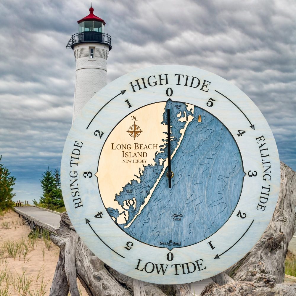 Long Beach Island Tide Clock Bleach Blue Accent with Deep Blue Water by Waterfront Lighthouse
