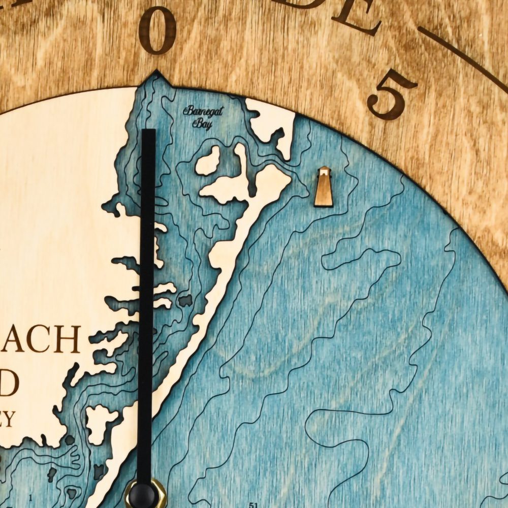 Long Beach Island Tide Clock Honey Accent with Blue Green Water Detail Shot 1