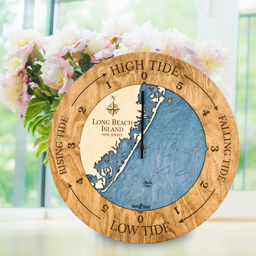 Long Beach Island Tide Clock Honey Accent with Deep Blue Water on Windowsill with Flowers
