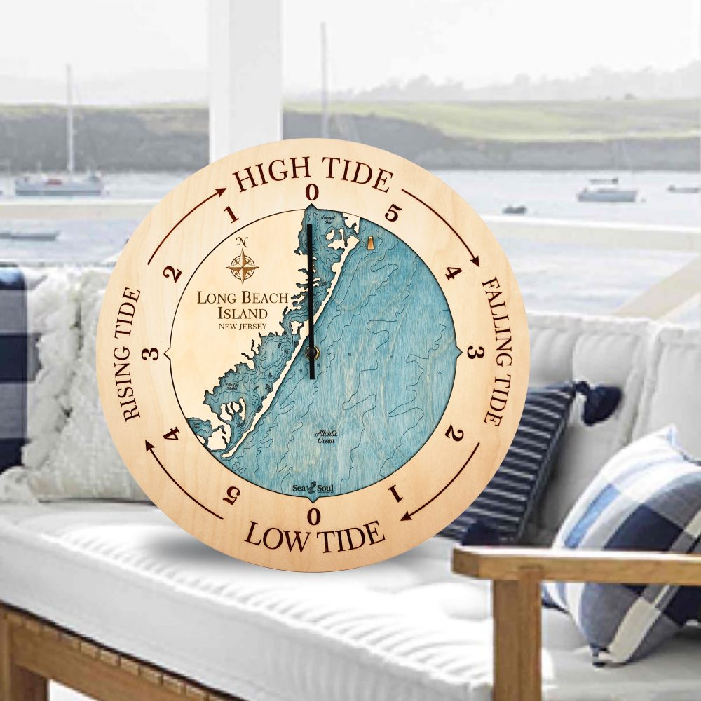 Long Beach Island Tide Clock Birch Accent with Blue Green Water on Outdoor Couch by Waterfront