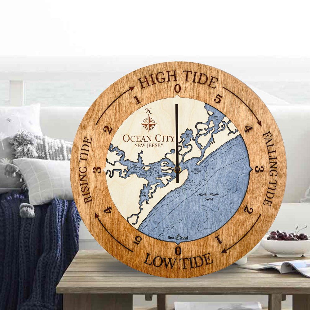 Ocean City Tide Clock Americana Accent with Deep Blue Sitting on Coffee Table by Waterfront