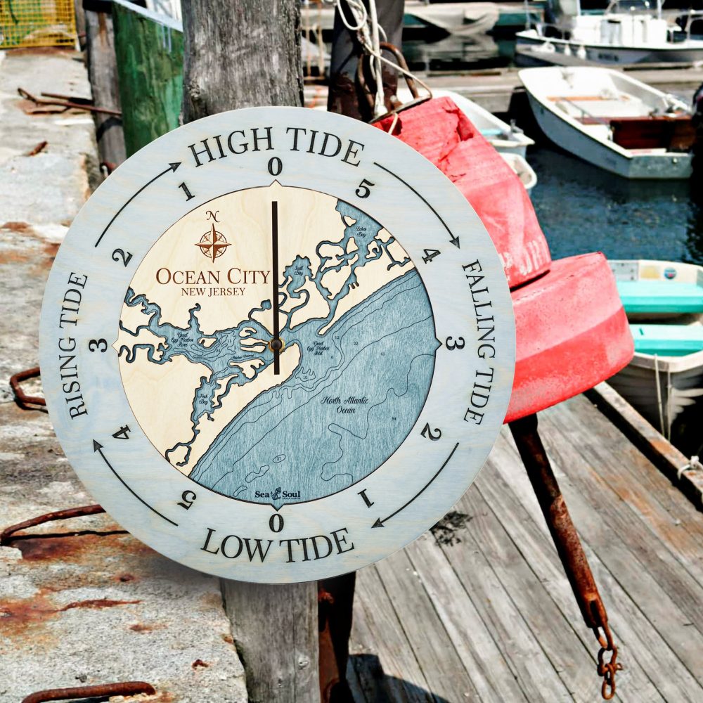 Ocean City Tide Clock Bleach Blue Accent with Blue Green Water Hanging on Dock Post